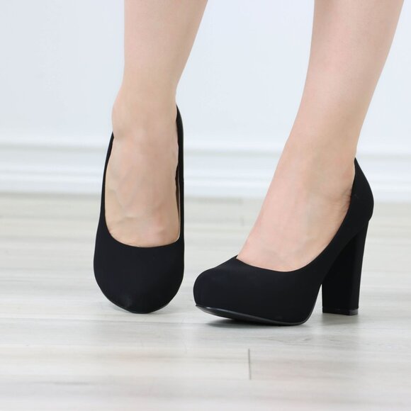 Classic Black Platform Block High Heels Slip On Round Toe Office Pumps Nubuck - Picture 7 of 12